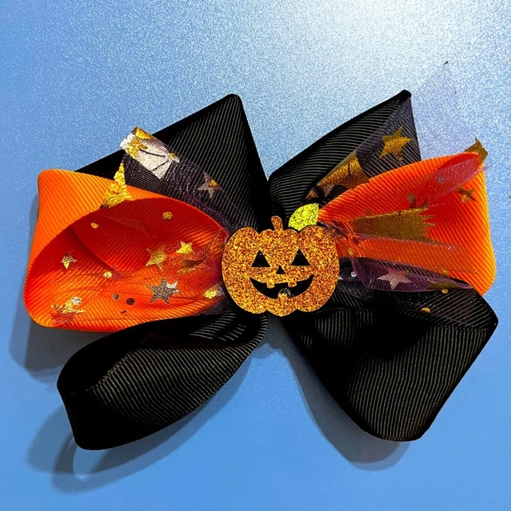 🎃 NEW Halloween Hair Bow – Glitter Jack-o-Lantern – Black & Orange Ribbon